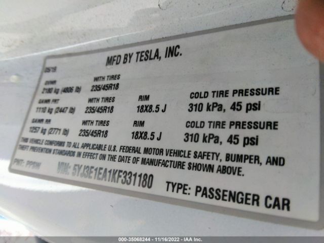 5YJ3E1EA1KF331180 Tesla Model 3 Range