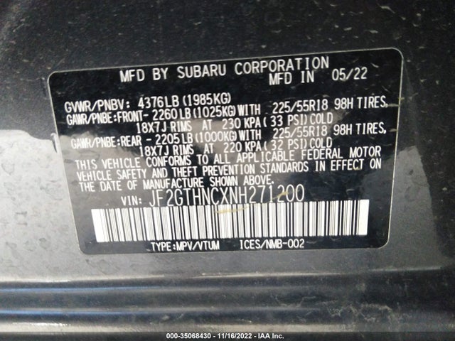 JF2GTHNCXNH271200 Subaru Crosstrek Limited
