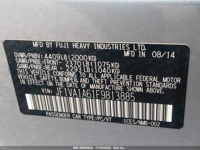 2015 Subaru WRX, VIN: JF1VA1A61F9813885