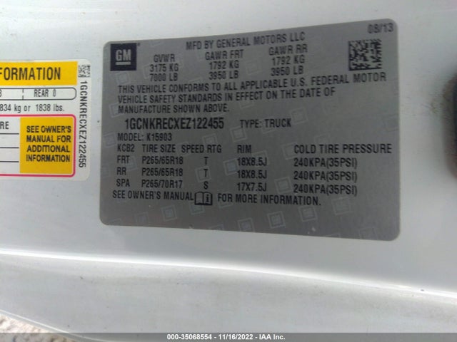 2014 CHEVROLET SILVERADO 1500 LT VIN: 1GCNKRECXEZ122455