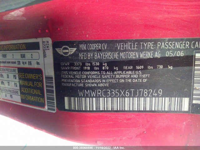 Mini COOPER HARDTOP 2006 WMWRC335X6TJ78249 Image 10