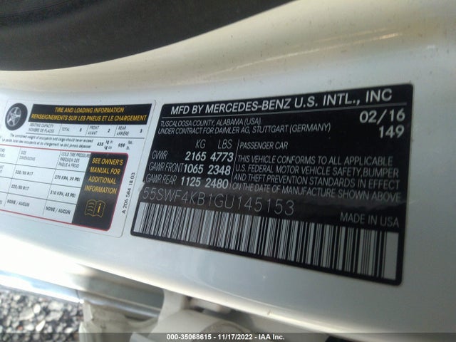 2016 Mercedes-Benz C-Class, VIN: 55SWF4KB1GU145153