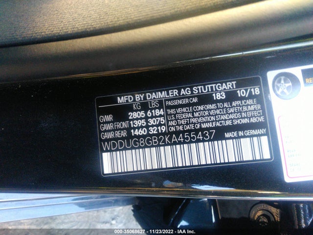 2019 Mercedes-Benz S-Class, VIN: WDDUG8GB2KA455437