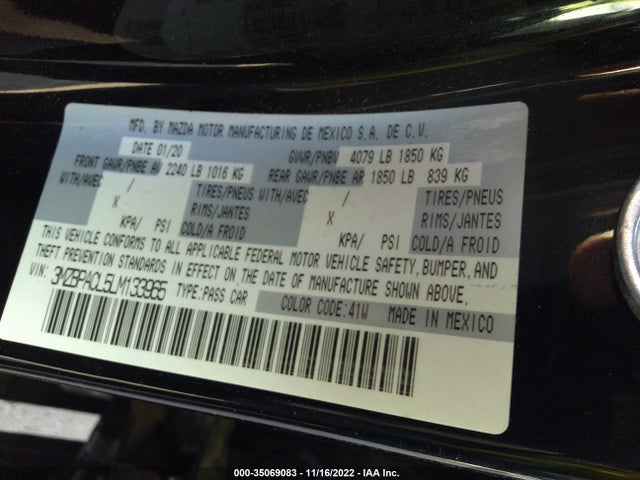 2020 MAZDA MAZDA3 SEDAN SELECT PACKAGE VIN: 3MZBPACL5LM133965