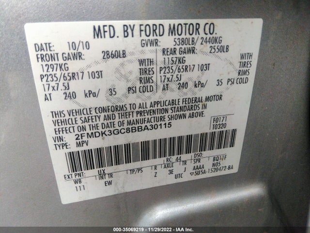 2011 FORD EDGE SE VIN: 2FMDK3GC8BBA30115