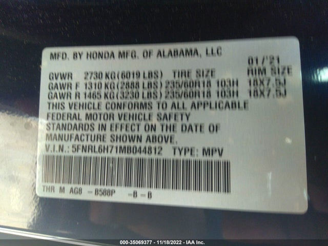 2021 Honda Odyssey, VIN: 5FNRL6H71MB044812