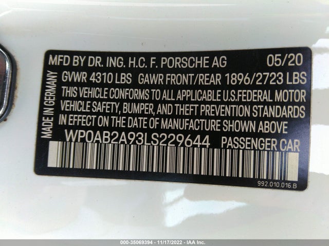 2020 Porsche 911, VIN: WP0AB2A93LS229644