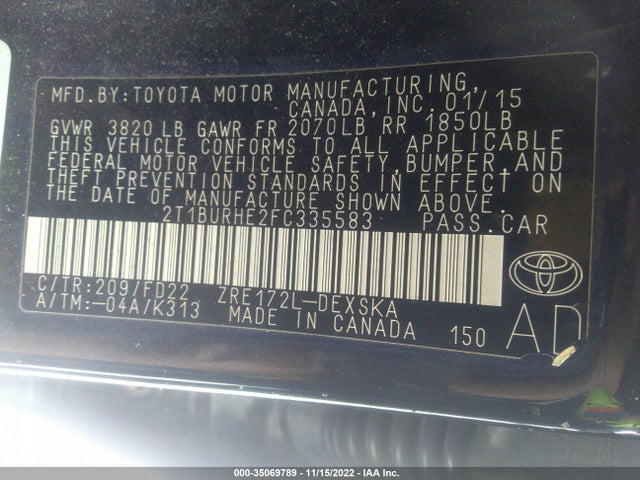 2015 TOYOTA COROLLA L/LE/S/S PLUS/LE PLUS VIN: 2T1BURHE2FC335583