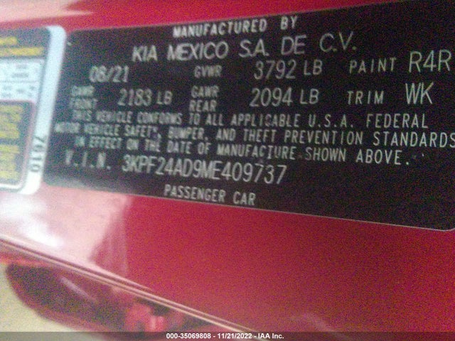 2021 KIA FORTE LXS VIN: 3KPF24AD9ME409737