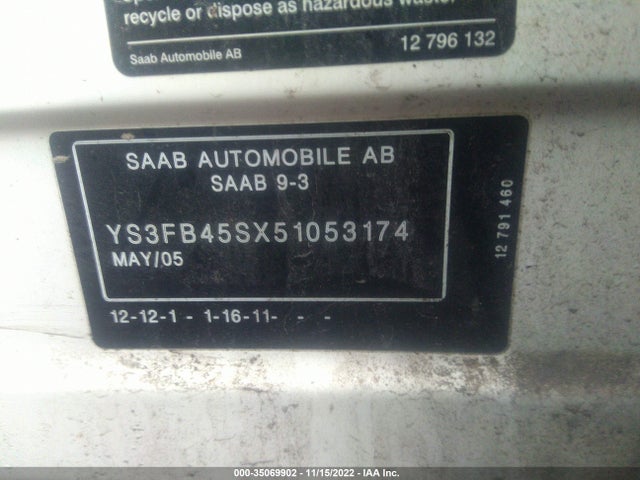 2005 SAAB 9-3 LINEAR VIN: YS3FB45SX51053174