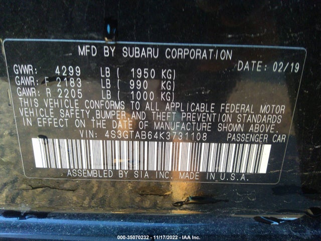 Subaru IMPREZA 2019 4S3GTAB64K3731108 Image 9