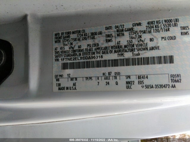 2012 FORD ECONOLINE CARGO VAN VIN: 1FTNE2ELXCDA96318