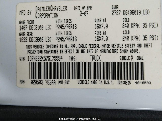 Dodge DAKOTA ST 2007 1D7HE22K57S179994 Image 9