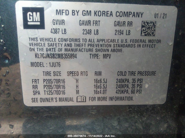 2021 Chevrolet Trax, VIN: KL7CJNSB2MB355894