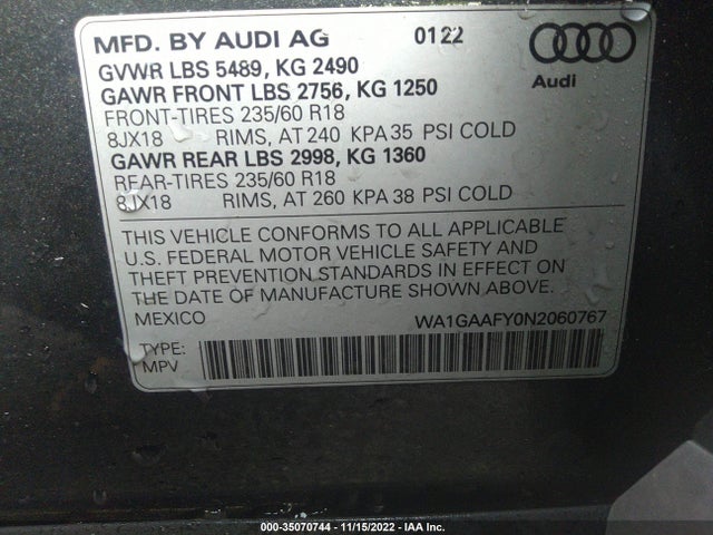 2022 Audi Q5, VIN: WA1GAAFY0N2060767