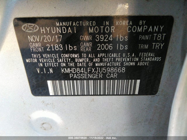 2018 HYUNDAI ELANTRA SEL VIN: KMHD84LFXJU598668