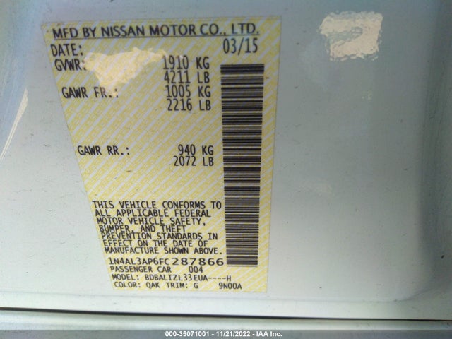 2015 NISSAN ALTIMA 2.5 SV VIN: 1N4AL3AP6FC287866