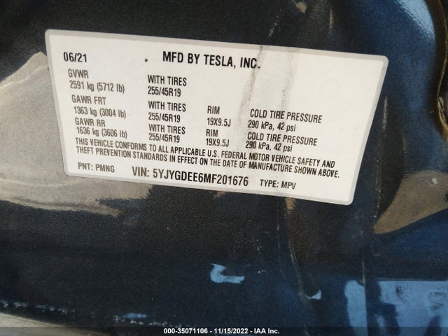 Tesla Model Y Long Range 2021 5YJYGDEE6MF201676 Image 10