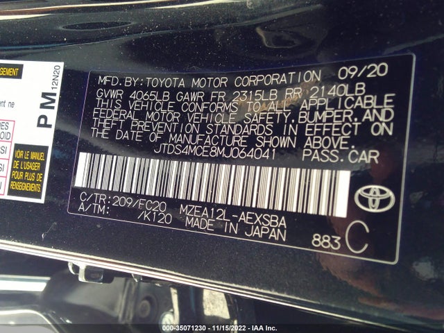 2021 TOYOTA COROLLA SE/NIGHTSHADE/APEX SE VIN: JTDS4MCE8MJ064041