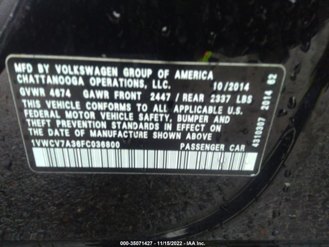 2015 Volkswagen CC, VIN: 1VWCV7A36FC036800