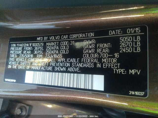 2015 Volvo V60, VIN: YV4612HK1F1000579