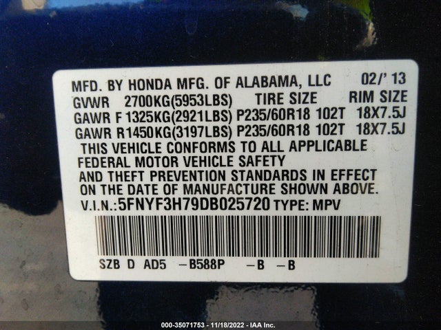2013 HONDA PILOT EX-L VIN: 5FNYF3H79DB025720