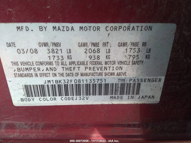2008 MAZDA MAZDA3 I TOURING VALUE VIN: JM1BK32F081135751