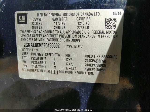 Chevrolet EQUINOX 1LT 2015 2GNALBEK5F6189902 Image 9