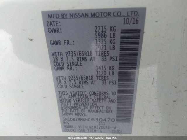 5N1DR2MMXHC630470 Nissan Pathfinder Sl