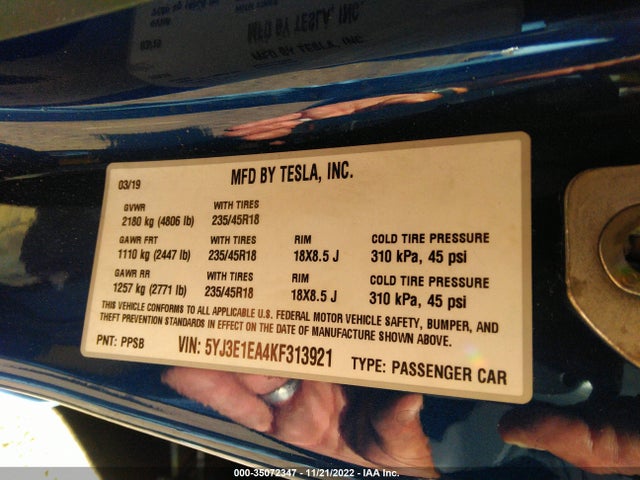 Tesla MODEL 3 2019 5YJ3E1EA4KF313921 Image 9