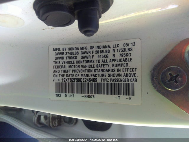 2013 HONDA CIVIC SDN LX VIN: 19XFB2F58DE246469