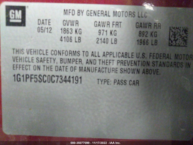 2012 CHEVROLET CRUZE LT W/1LT VIN: 1G1PF5SC0C7344191