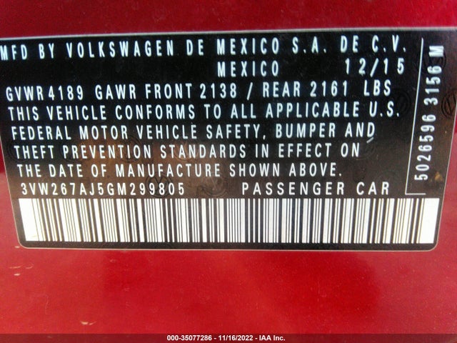 3VW267AJ5GM299805 Volkswagen Jetta Sedan 1.4t S W/technology
