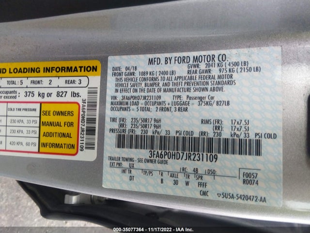 2018 FORD FUSION SE VIN: 3FA6P0HD7JR231109