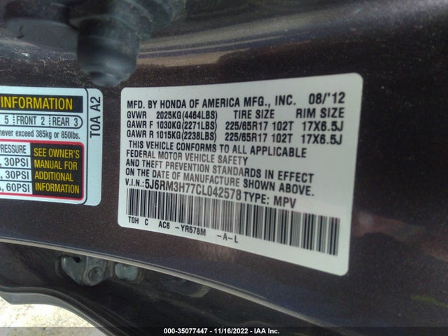 2012 HONDA CR-V EX-L VIN: 5J6RM3H77CL042578