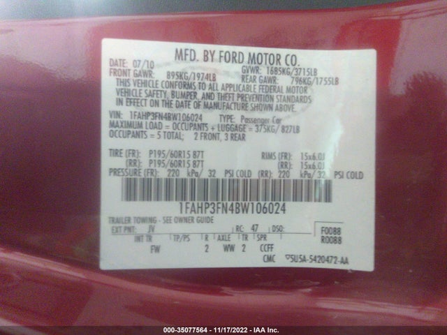 2011 FORD FOCUS SE VIN: 1FAHP3FN4BW106024