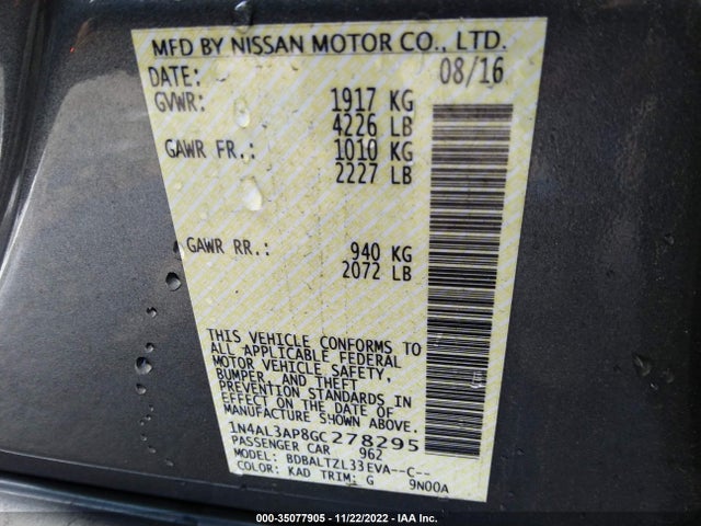 2016 NISSAN ALTIMA 2.5 SL VIN: 1N4AL3AP8GC278295
