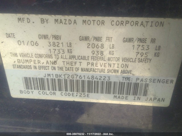 2006 MAZDA MAZDA3 I TOURING VIN: JM1BK12G761484223