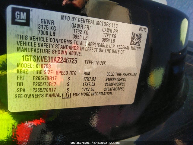 2010 GMC SIERRA 1500 SLE VIN: 1GTSKVE30AZ246725