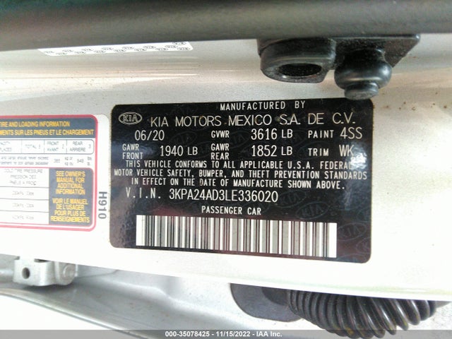 2020 KIA RIO LX VIN: 3KPA24AD3LE336020