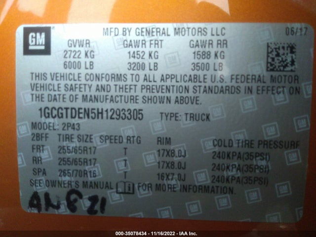 2017 Chevrolet Colorado, VIN: 1GCGTDEN5H1293305