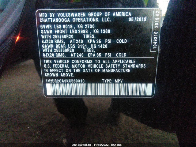 1V2UR2CA9KC569310 Volkswagen Atlas 3.6l V6 Se W/technology