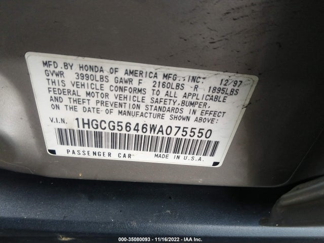 1998 HONDA ACCORD SDN LX VIN: 1HGCG5646WA075550