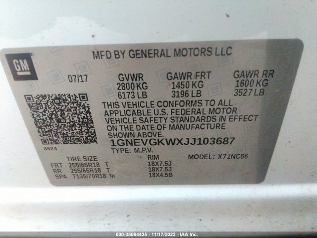 2018 Chevrolet Traverse, VIN: 1GNEVGKWXJJ103687