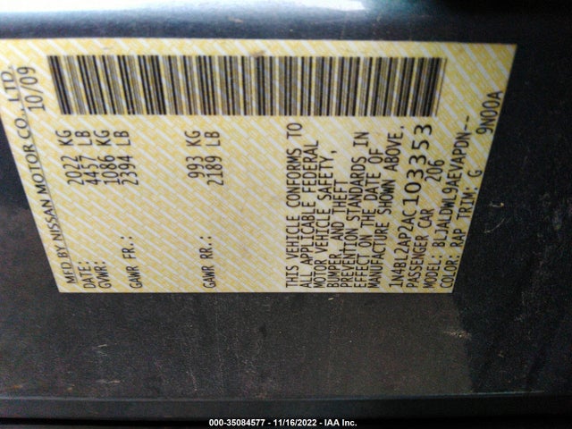 2010 NISSAN ALTIMA 3.5 SR VIN: 1N4BL2AP2AC103353