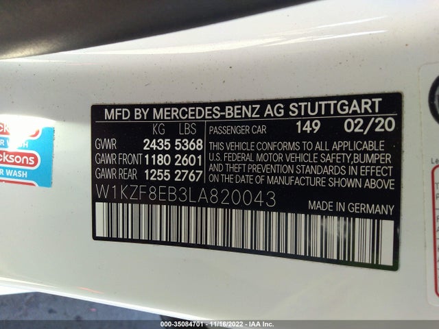 2020 Mercedes-Benz E-Class, VIN: W1KZF8EB3LA820043