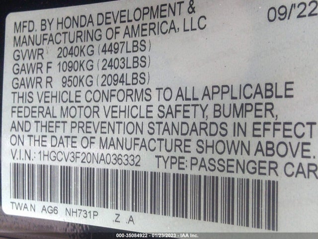 2022 Honda Accord, VIN: 1HGCV3F20NA036332