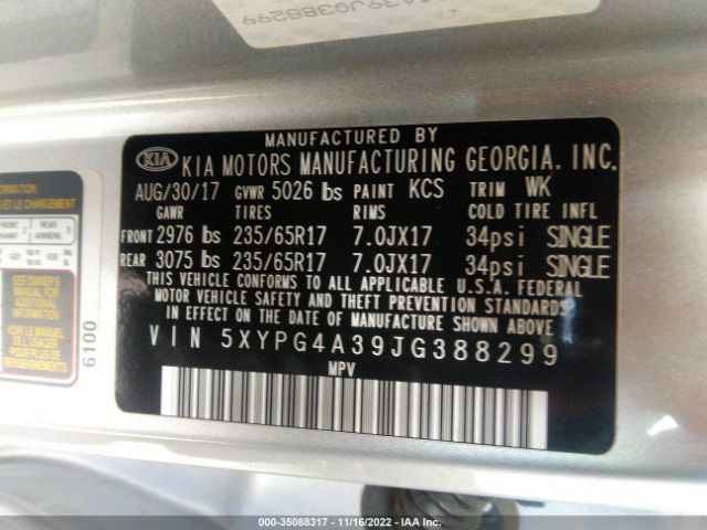 5XYPG4A39JG388299 KIA SORENTO LX