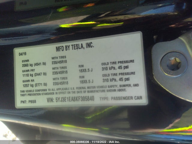 Tesla MODEL 3 2019 5YJ3E1EA8KF305840 Image 11
