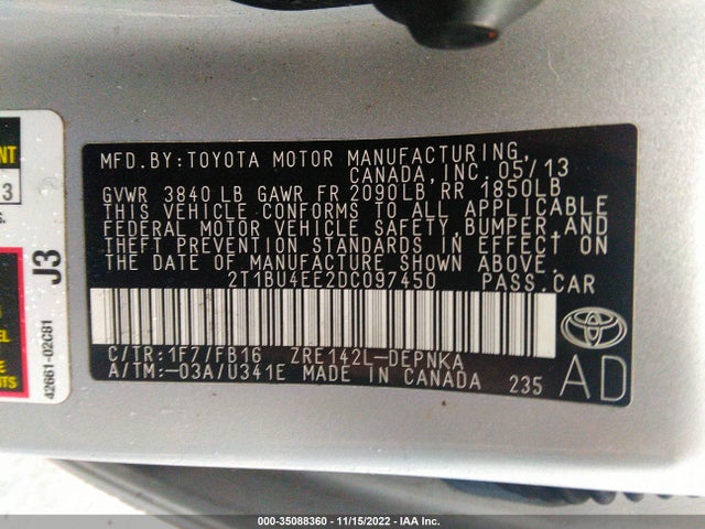 2013 TOYOTA COROLLA L/LE/S VIN: 2T1BU4EE2DC097450